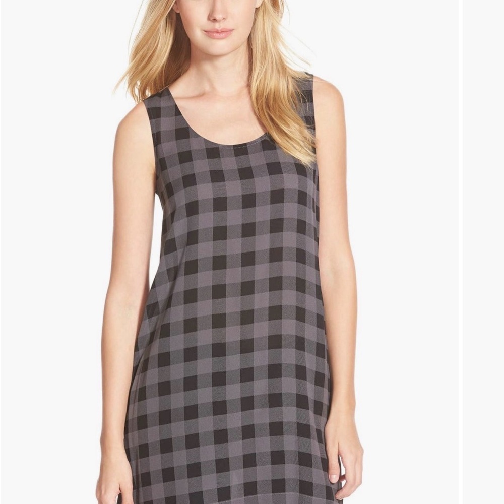 Eileen Fisher Scoop Neck Plaid Print 100% Silk Tunic in Black & Green EUC
